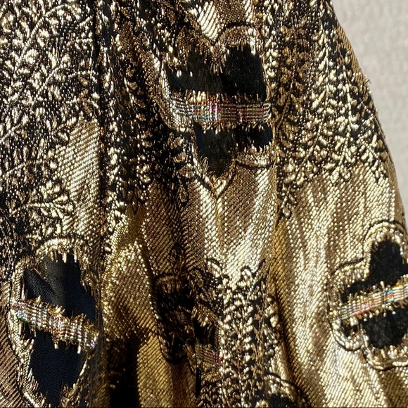 Vintage 60s 70s Metallic Top S Disco Party Blouse Black Gold Print - Picture 2 of 8